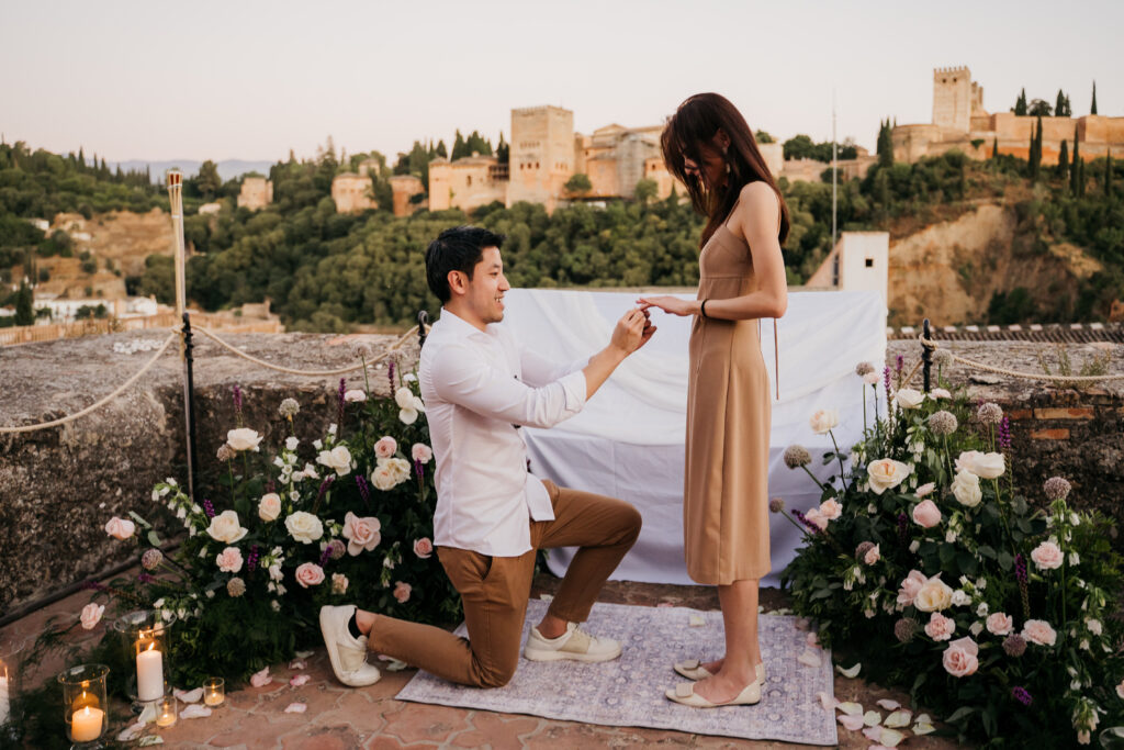 Proposal at a decorated torreón overlooking the Alhambra, Granada